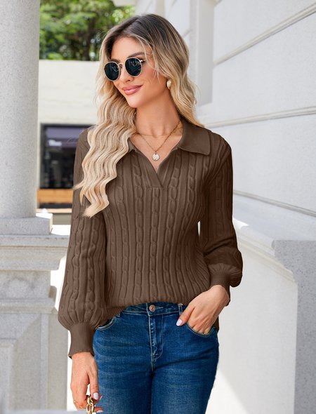

Plain Balloon Sleeve Casual Regular Fit Sweater, Cameo brown, Sweaters