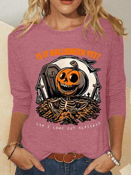 

Halloween Yet Pumpkin Skeleton Casual Long Sleeve Shirt, Watermelon, Long sleeves