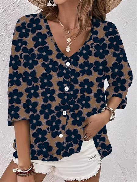 

V Neck Long Sleeve Geometric Regular Loose Shirt For Women, Purplish blue, Shirts
