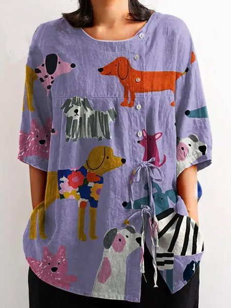 

Three Quarter Sleeve Dog Regular Regular Fit Blouse For Women, Purple, Blouses