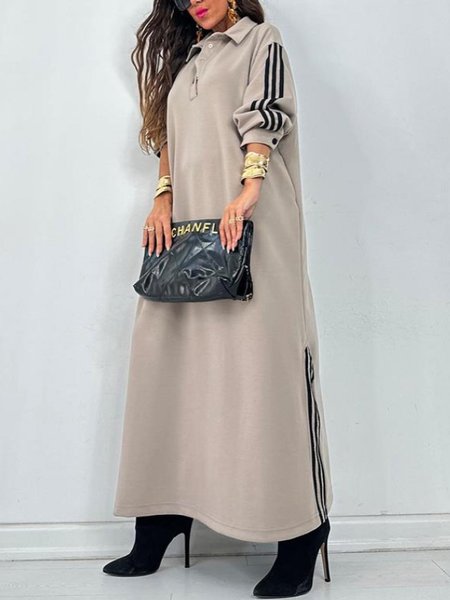 

Long Sleeve Casual Loose Pocket Stitching Maxi Dress, As picture, Maxi Dresses
