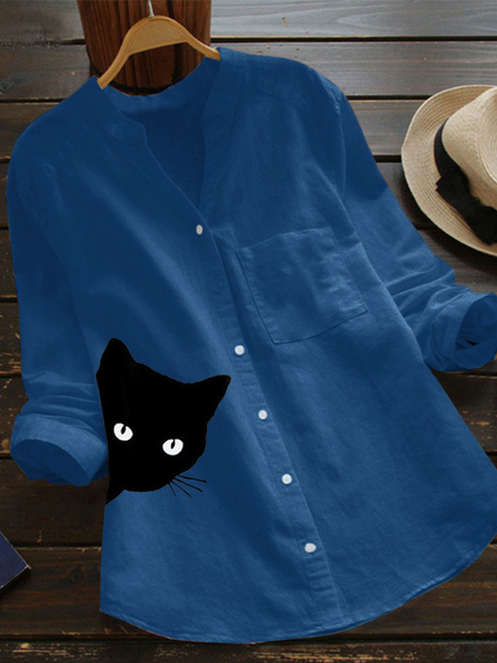 

V Neck Long Sleeve Plain Regular Loose Blouse For Women, Blue, Blouses