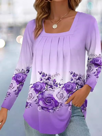 Women's Long Sleeve Blouse Spring Fall Deep Pink Floral Square Neck Daily Going Out Casual Top