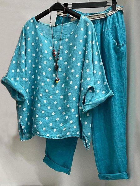 

Women Polka Dots Crew Neck Half Sleeve Comfy Casual Top With Pants Two-Piece Set, Blue, Sets