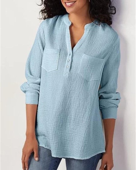 

V Neck Long Sleeve Plain Regular Loose Blouse For Women, Sky blue, Blouses