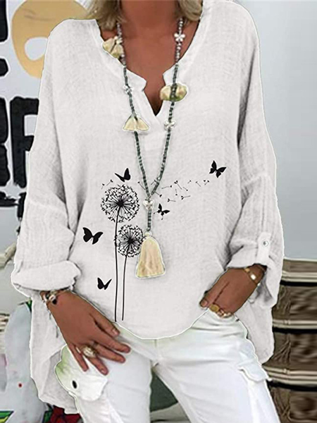 

V Neck Long Sleeve Daisy Regular Loose Blouse For Women, White, Blouses