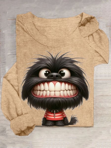 

Casual Dog Crew Neck Long Sleeve T-shirt, Apricot, T-shirts