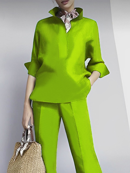 

Plus Size Loose Shirt Collar Plain Urban Blouse, Green, Plus Tops