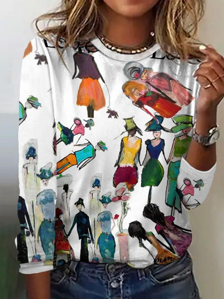 

Casual Figure Crew Neck Long Sleeve T-shirt, Multicolor, T-shirts