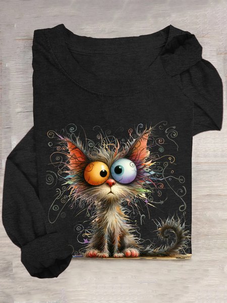 Casual Cat Crew Neck Long Sleeve T-shirt, Black, T-shirts