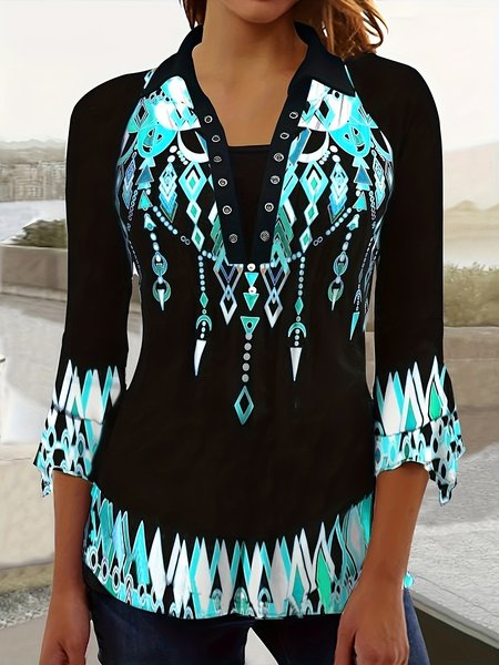 

Women's Three Quarter Sleeve Blouse Spring/Fall Gradient Pattern Shawl Collar Daily Going Out Casual Top, Color3, Shirts