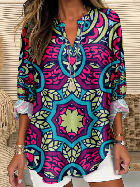 

V Neck Long Sleeve Ethnic Regular Loose Blouse For Women, Blue, Blouses