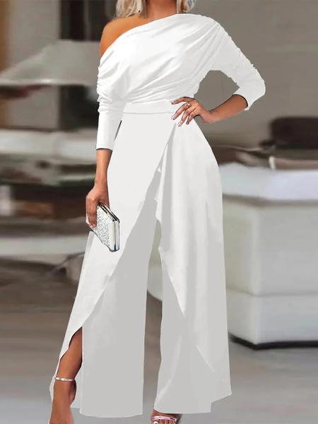 

Women's Plain Long Sleeve Casual Spring/Fall Jersey Jumpsuit, White, Jumpsuits＆Rompers