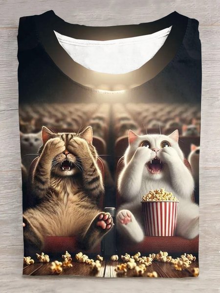

Casual Cat Crew Neck Short Sleeve T-shirt, Brown, T-shirts