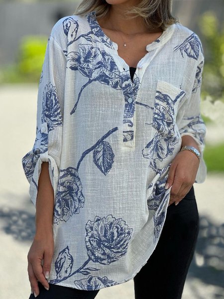 

Long Sleeve Floral Regular Regular Fit Blouse For Women, White, Blouses