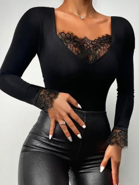 

V Neck Plain Urban Lace Edge Tight T-Shirt, Black, Tees
