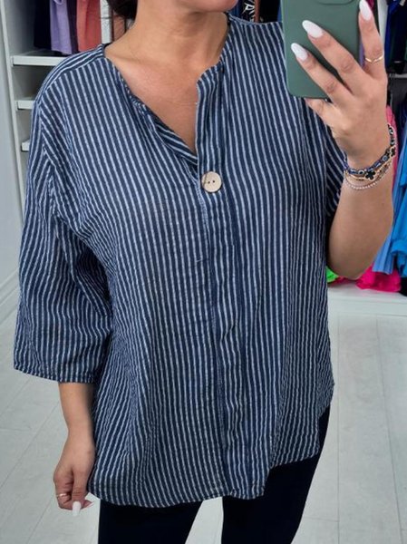 Women's Striped Cotton And Linen V Neck Daily Casual Top