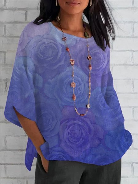 

Crew Neck Three Quarter Sleeve Geometric Regular Loose Blouse For Women, Color5, Blouses