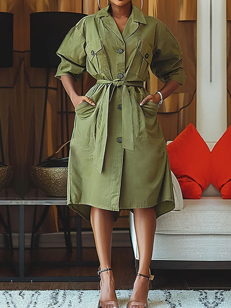 

Urban Regular Sleeve Pocket Stitching Lapel Collar Three Quarter Sleeve Midi Dress With Belt, As picture, Midi Dresses