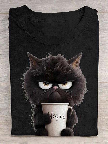 

Casual Cat Crew Neck Short Sleeve T-shirt, Black, T-shirts