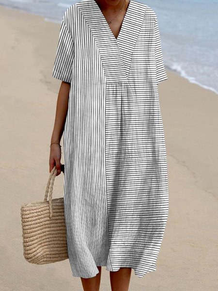 

Striped Cotton Casual V Neck Dress With No, Stripe-gray, Maxi Dresses