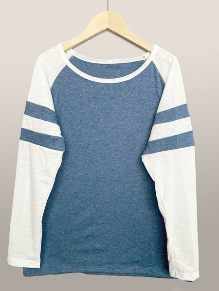 

Casual Color Block Crew Neck Long Sleeve T-shirt, Blue, T-shirts