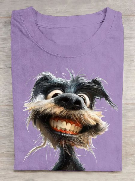 Casual Dog Crew Neck Short Sleeve T-shirt, Purple, T-shirts