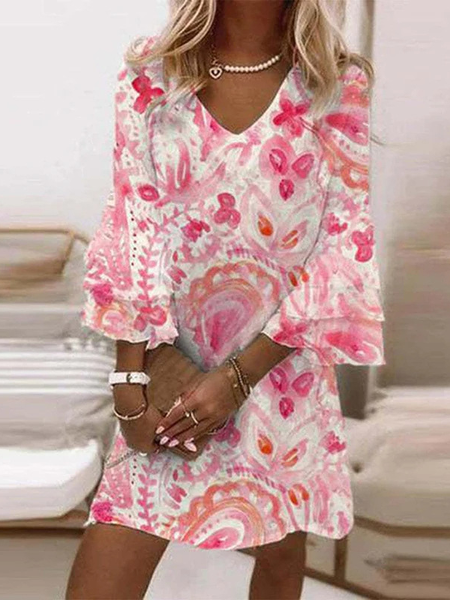 Women Floral V Neck Three Quarter Sleeve Comfy Casual Mini Dress, Pink, Dresses