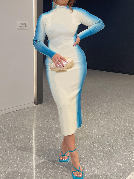 

Regular Sleeve Gradient Pattern Mock Neck Long Sleeve Tight Elegant Midi Dress, As picture, Midi Dresses