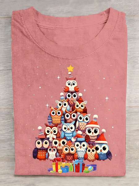 

Owl Christmas Tree Cotton T-shirt, Orange pink, T-shirts