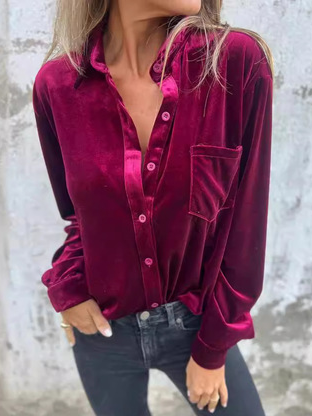 

Women's Long Sleeve Shirt Spring/Fall Plain Velvet Shirt Collar Daily Going Out Casual Top, Fuchsia, Shirts & Blouses