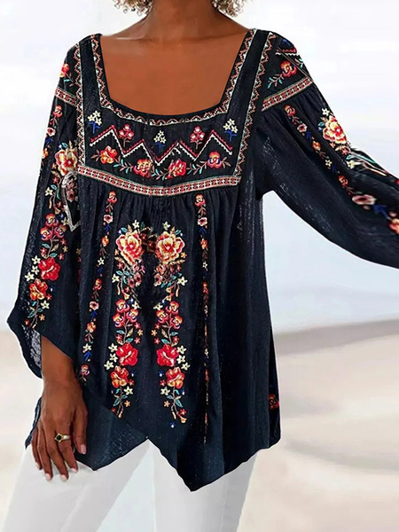 

Square Neck Long Sleeve Floral Regular Loose Blouse For Women, Blue, Blouses