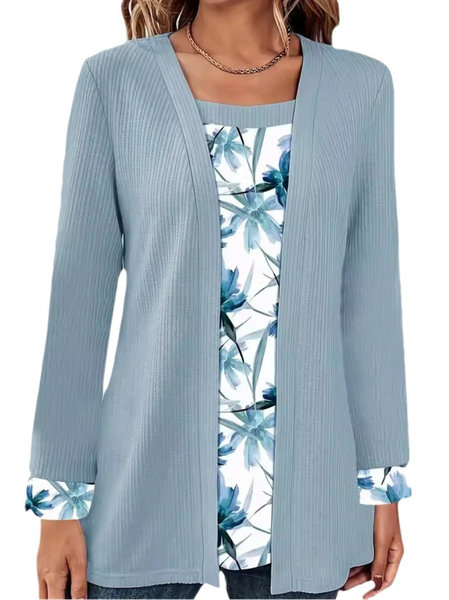 

Shawl Collar Long Sleeve Floral Regular Loose Blouse For Women, Blue, Blouses