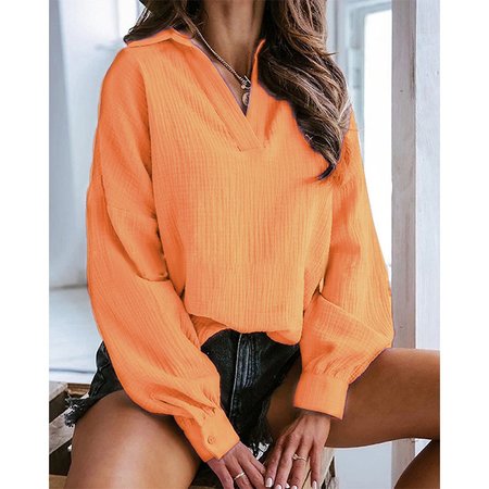 

V Neck Long Sleeve Plain Regular Loose Blouse For Women, Orange, Blouses