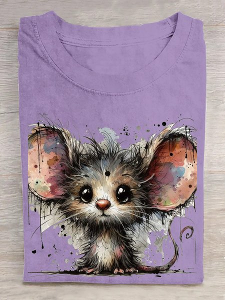

Funny Mouse Printed Round Neck T-shirt, Purple, T-shirts
