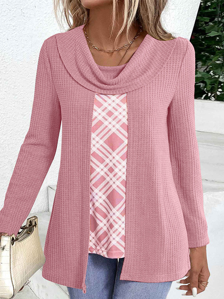 

Long Sleeve Floral Regular Loose Mock Two-Piece Blouse For Women, Pink, Blouses