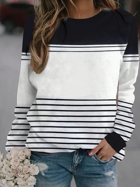 

Striped print round neck casual Sweatshirt, Black-white, Hoodies&Sweatshirts