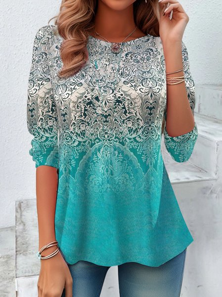 Ethnic Design Round Neck Casual T Shirt