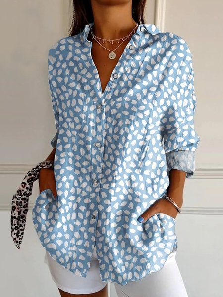 

Geometric Cotton Shawl Collar Casual Shirt, Blue, Blouses & Shirts