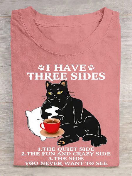 

I HAVE THREE SIDES Casual Cotton Cat Crew Neck T-Shirt, Orange pink, T-shirts
