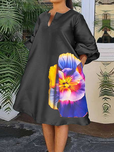 

Loose Notched Floral Urban Three Quarter Sleeve Knee Length Dress, Black, Midi Dresses