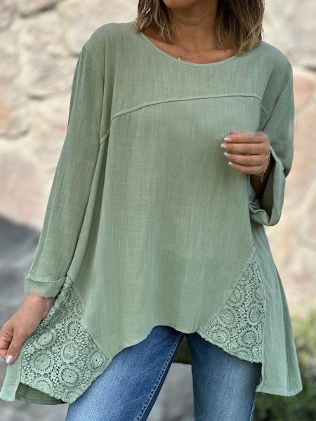 

Crew Neck Long Sleeve Plain Lace Regular Regular Fit Blouse For Women, Green, Blouses