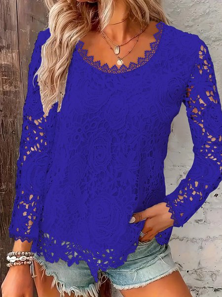 

Women's Long Sleeve Blouse Spring/Fall Plain Lace Daily Going Out Casual Top, Blue, Blouses