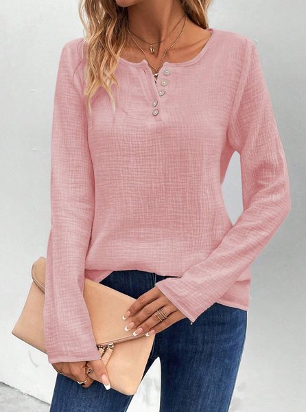 

Crew Neck Long Sleeve Plain Regular Loose Mock Two-Piece Blouse For Women, Pink, Blouses