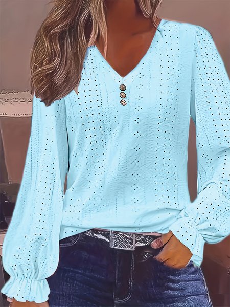 

V Neck Long Sleeve Plain Lace Regular Loose Blouse For Women, Blue, Blouses