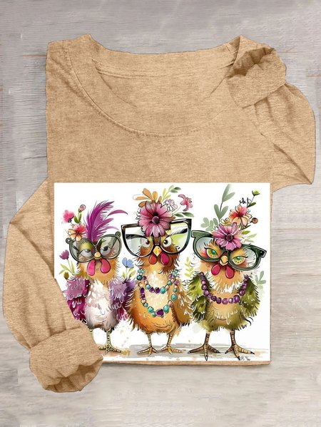 Casual Turkey Crew Neck Long Sleeve T-shirt, Apricot, T-shirts