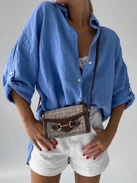 Shirt Collar Long Sleeve Plain Regular Loose Shirt For Women, Blue, Shirts