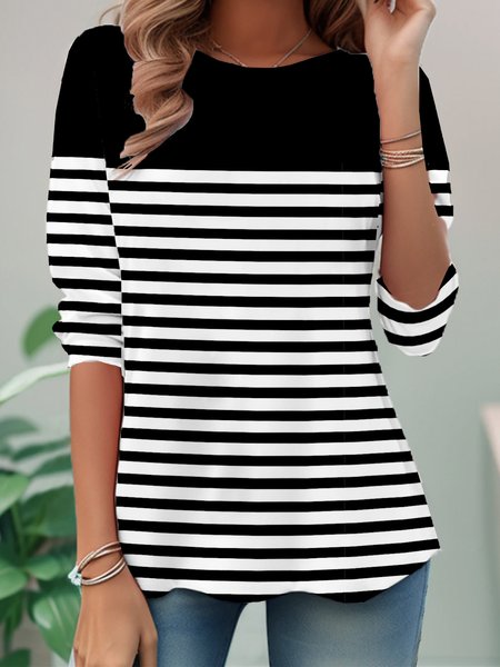 

Casual Striped Crew Neck Long Sleeve T-shirt, Black-white, Blouses