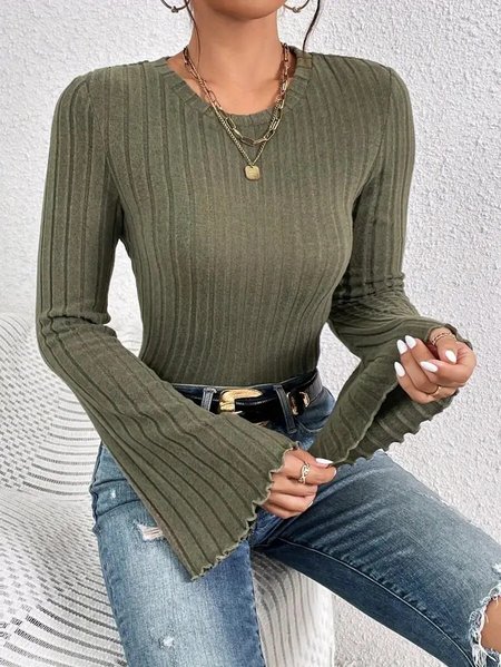 Women's Long Sleeve Blouse Spring Fall Army Green Plain Crew Neck Daily Going Out Casual Top