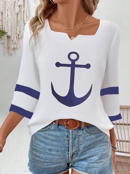 

Women's Three Quarter Sleeve Tee Nautical T-shirt Spring/Fall Anchor Cotton Notched Daily Going Out Casual Top, White, T-Shirts